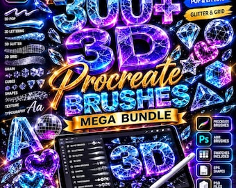 Pakiet ponad 300 pędzli 3D Procreate | Napisy, Pop, Brokat, Siatka (do pobrania w wersji cyfrowej)
