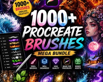 Mega pakiet ponad 1000 pędzli Procreate (zwierzęta, natura, fantasy, efekty)