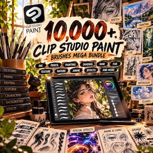 Op de afbeelding: Een digitaal kunstpakket voor Clip Studio Paint met meer dan 10.000 penselen. Het scherm toont een tablet met een portretillustratie, omringd door geprinte voorbeelden van inkt, potlood, haar, vacht, natuur en anime-effecten.