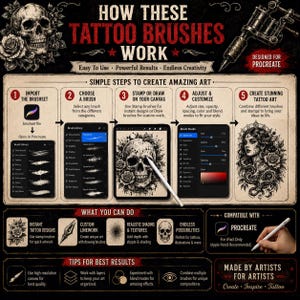 Może przedstawiać: Instruktażowa infografika zatytułowana How These Tattoo Brushes Work dla Procreate. Zawiera pięć ponumerowanych krok&oacute;w pokazujących wyb&oacute;r biblioteki pędzli, rysowanie na pł&oacute;tnie i dostosowywanie, wraz z ilustracjami czaszki i kobiety.
