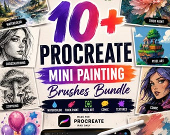 Zestaw ponad 10 mini pędzli malarskich Procreate | Pędzle akwarelowe, do farb gęstych, pikselowe, komiksowe i teksturowe