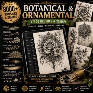 Może przedstawiać: Cyfrowa kolekcja ponad 8000 botanicznych i ornamentalnych pędzli oraz stempli do tatuażu dla Procreate. Wyświetlacz pokazuje tablet z ilustracją r&oacute;ży, otoczony r&oacute;żnymi wzorami kwiatowymi, pnączami, mandalami oraz liniami pomocniczymi.