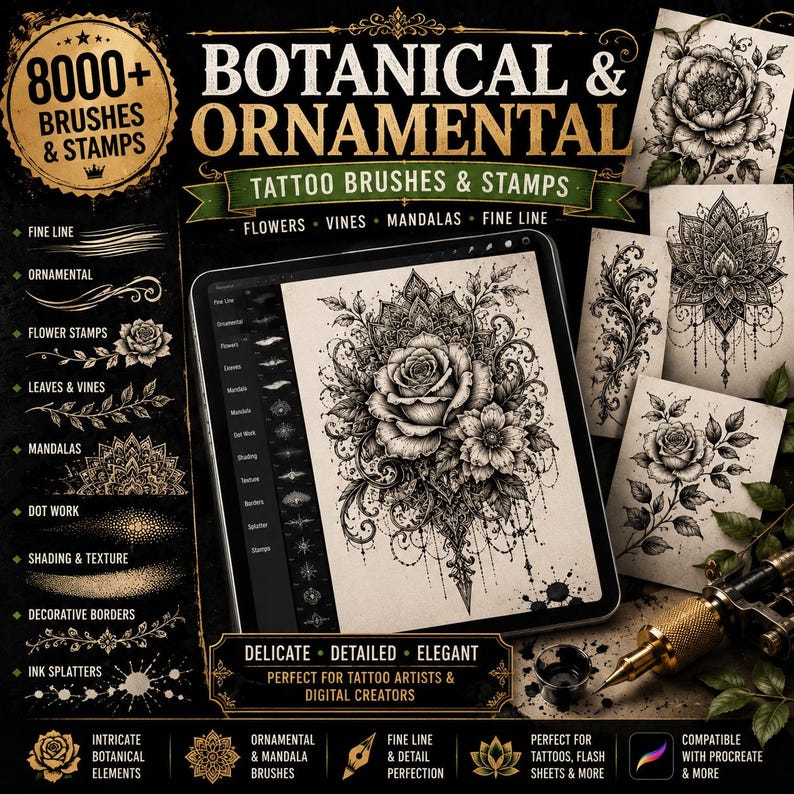 Może przedstawiać: Cyfrowa kolekcja ponad 8000 botanicznych i ornamentalnych pędzli oraz stempli do tatuażu dla Procreate. Wyświetlacz pokazuje tablet z ilustracją r&oacute;ży, otoczony r&oacute;żnymi wzorami kwiatowymi, pnączami, mandalami oraz liniami pomocniczymi.
