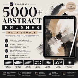 May include: A digital product advertisement for 5000+ abstract brushes for Procreate, featuring a tablet displaying abstract black, white, and tan brush strokes, a stylus, and text detailing categories like gradient, gouache, texture, and light effects.
