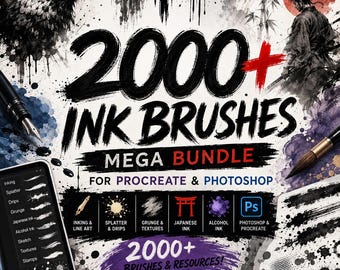 Mega pakiet ponad 2000 pędzli do tuszu | Procreate, Photoshop, Splatter, Grunge, Japoński (pobranie cyfrowe)