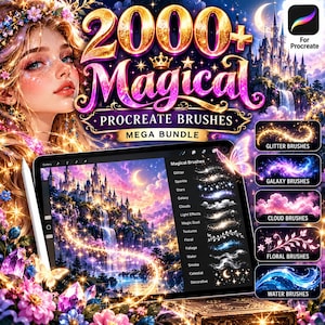 May include: A digital bundle of 2000+ magical Procreate brushes featuring a tablet display with a fantasy castle illustration, a list of brush categories, and five preview panels showing glitter, galaxy, cloud, floral, and water effects.