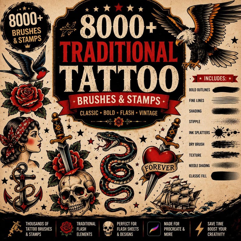 Może przedstawiać: Cyfrowa kolekcja ponad 8000 tradycyjnych pędzli i stempli do tatuażu dla Procreate, zawierająca ilustracje orła, jask&oacute;łki, r&oacute;ży, kobiety, kotwicy, czaszki, węża, serca i statku oraz opisy r&oacute;żnych styl&oacute;w linii i cieniowania.