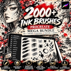 May include: A digital product bundle for Procreate featuring 2000+ ink brushes, lineart, hatching, textures, and stamps. The display shows a tablet interface with brush stroke samples, an ink bottle, and stylized illustrations of a person and dragon.