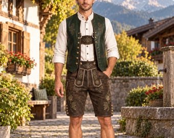 May include: A dark green leather waistcoat with gold buttons and floral embroidery worn over a white long-sleeved shirt, paired with dark brown leather lederhosen featuring matching floral embroidery, metal buttons, and a front drop-front flap.