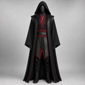 May include: A black hooded robe featuring a deep red layered tunic underneath, a wide red sash, and a black belt with a rectangular buckle. The ensemble includes black trousers and black boots, creating a full-length outfit with structured panels.