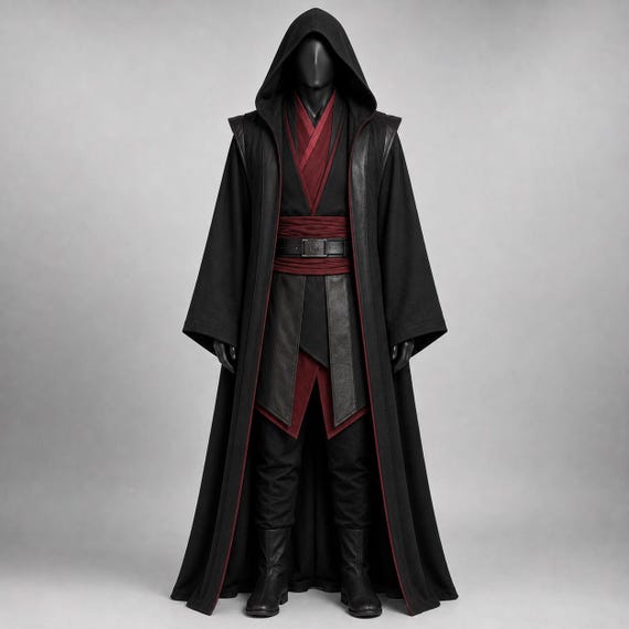 Darth Maul Inspired Costume Men, Black Red Sith Hooded Robe, Dark Side Warrior Cosplay, Fantasy Tunic LARP Halloween Outfit
