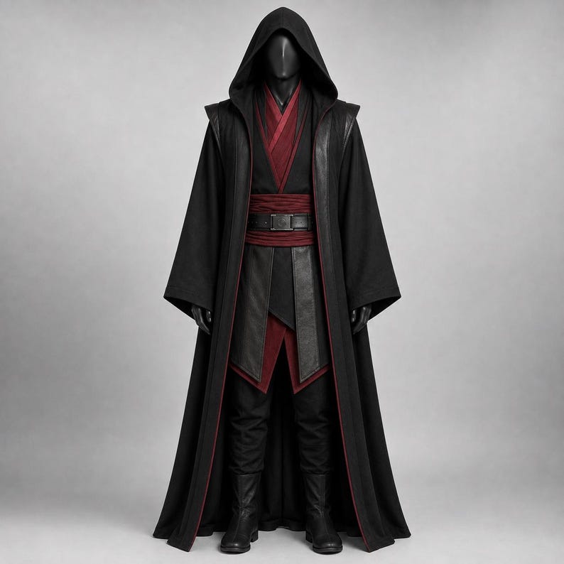May include: A black hooded robe featuring a deep red layered tunic underneath, a wide red sash, and a black belt with a rectangular buckle. The ensemble includes black trousers and black boots, creating a full-length outfit with structured panels.