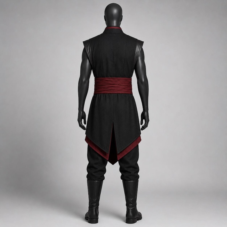 May include: A black sleeveless tunic with a high collar and a wide, textured dark red sash at the waist. The tunic features a layered hemline with a dark red underlayer, paired with black trousers and black boots on a mannequin figure.