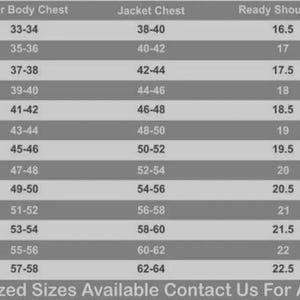 May include: A grey and white sizing chart for jackets, listing sizes from XXS to 8XL. Columns include Your Body Chest, Jacket Chest, Ready Shoulders, and Sleeves measurements in inches. The bottom text reads: Note: Customized Sizes Available Contact Us For Any Confusion.