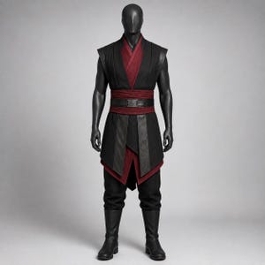 May include: A black and dark red layered tunic set featuring a sleeveless vest with structured shoulders, a wide fabric waist sash, a black belt with a rectangular buckle, matching black trousers, and tall black boots on a mannequin.