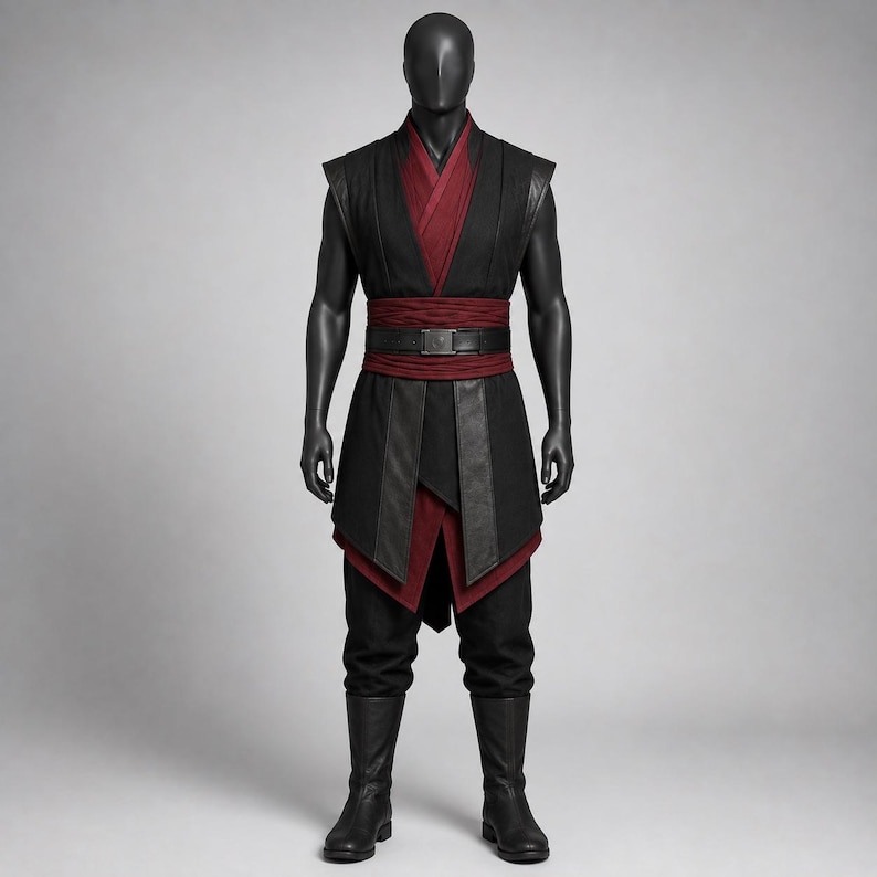 May include: A black and dark red layered tunic set featuring a sleeveless vest with structured shoulders, a wide fabric waist sash, a black belt with a rectangular buckle, matching black trousers, and tall black boots on a mannequin.