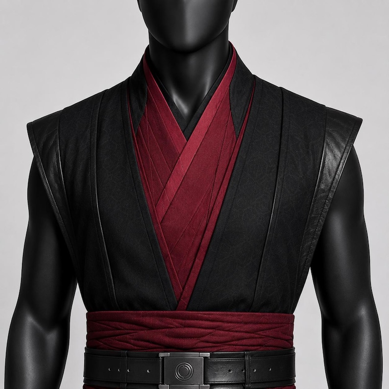 May include: A sleeveless black vest featuring a deep V-neckline with layered dark red fabric underneath. The garment includes a wide, textured dark red sash at the waist, secured by a black belt with a central square buckle featuring circular details.