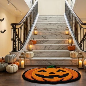 Könnte beinhalten: Eine Marmortreppe, dekoriert für Halloween mit zahlreichen orangefarbenen und weißen Kürbissen, Metalllaternen mit brennenden Kerzen und schwarzen Fledermaus-Wandaufklebern. Ein großer, runder, orange-schwarzer Kürbis-Teppich liegt am Fuß der Treppe.