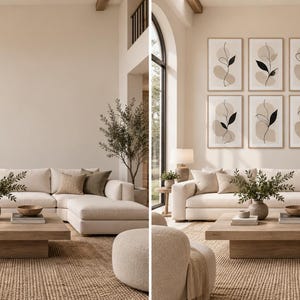 May include: A split-view comparison of a living room featuring a beige sectional sofa, a square wooden coffee table, and a jute rug. The right side displays a gallery wall of eight framed prints with abstract botanical line art in black and beige.