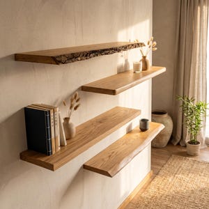 Puede incluir: Cuatro estantes de pared de madera escalonados con un acabado de veta de madera natural. El estante superior presenta un borde natural y rugoso, mientras que los otros tienen bordes lisos y rectos. Los estantes sostienen tres libros, un jarrón y una vela.