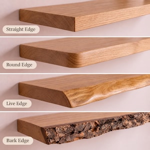 Puede incluir: Cuatro estantes de madera de color marrón claro dispuestos horizontalmente, cada uno con un perfil frontal diferente: Straight Edge, Round Edge, Live Edge y Bark Edge. Cada estante muestra un patrón de veta y textura distintivos.