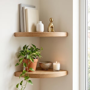 May include: Two light-toned wooden corner shelves mounted on a wall. The top shelf holds three books, a white vase, and a gold-coloured abstract figurine. The bottom shelf holds a green leafy plant in a terracotta pot, a ceramic bowl, and a white candle.