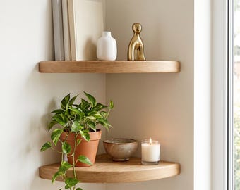 Corner Floating Shelf, Natural Solid Oak Wood, Hidden Bracket Wall Mount, Handmade Rounded Corner Ledge for Plants and Decor