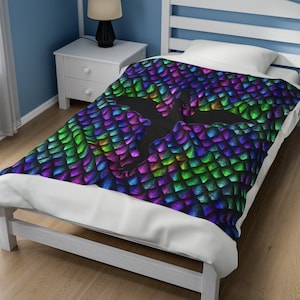 Rainbow Dragonscale Blanket, Dragon Cozy Fantasy Throw, Home Bedding, Gift for Dragon Lovers, Gamers, Bookish, Velveteen Plush Blanket