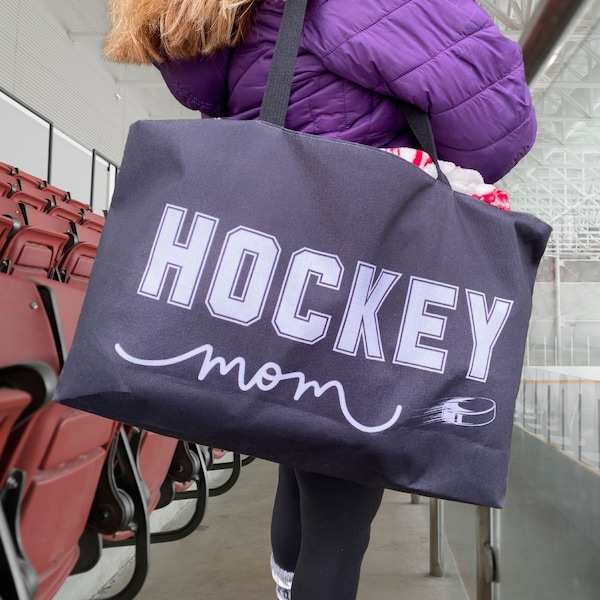 Hockey Mom Carry All, Black Weekender Bag, Beach Bag, Hockey Gifts, Team Mom Gifts, Hockey Lover Purse, Blanket Bag, Gameday, sports tote