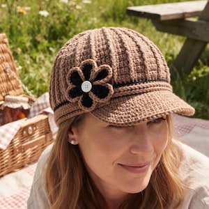 May include: A light brown crocheted cap featuring a ribbed texture and a short brim. The cap is decorated with a black and brown flower applique on the side, which is centred with a small white button and accented by a thin black horizontal stripe.