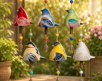 Carillon à vent décoratif en résine, peint à la main, en forme d'oiseau mignon. Idéal pour le jardin, la terrasse, le porche ou les fenêtres. Un cadeau parfait !