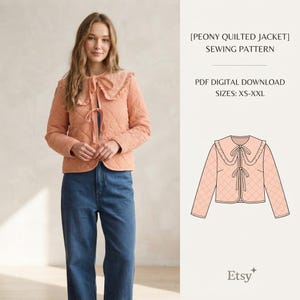 Molde para jaqueta acolchoada, modelo Millie Coat, em PDF, com amarração frontal, tamanhos do XS ao XXXL, para download imediato.