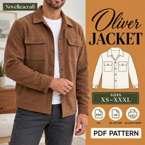 May include: A brown jacket with a collar, long sleeves, and two chest pockets with buttons. The image includes text reading Novelleacraft, Oliver JACKET, SIZES XS-XXXL, and PDF PATTERN, along with a technical line drawing of the jacket.