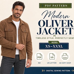Patrón de costura para chaqueta Oliver de hombre, diseño con cuello y botones en la parte delantera (PDF)