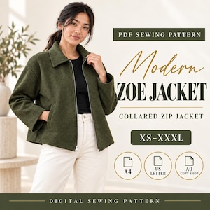 May include: A PDF sewing pattern for the Modern Zoe Jacket, a collared zip jacket in sizes XS-XXXL. The image displays the jacket in olive green, featuring a front zip, long sleeves, and a collar. Includes A4, US Letter, and A0 formats.