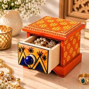 Wooden Ceramic 1 Drawer Chest 3 Inch  Mini Trinket Jewelry Box  Handmade Small Ring Storage Box  Boho Vanity Desk Decor  Gift for Her