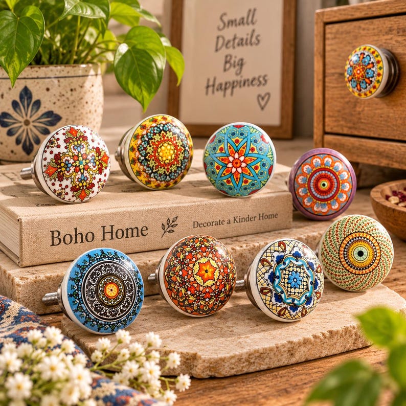 Peut inclure: Une collection de boutons de placard ronds en c&eacute;ramique pr&eacute;sentant des motifs vari&eacute;s, complexes et color&eacute;s inspir&eacute;s de mandalas dans des tons de bleu, orange, jaune, rouge et vert. Chaque bouton poss&egrave;de une base &agrave; vis m&eacute;tallique pour fixation.