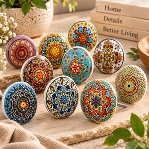 Può includere: Una collezione di dieci pomelli rotondi in ceramica per cassetti con motivi geometrici mandala diversi, colorati e complessi nelle tonalità del blu, arancione, giallo, verde e rosso, ciascuno con una vite in metallo per l'installazione.