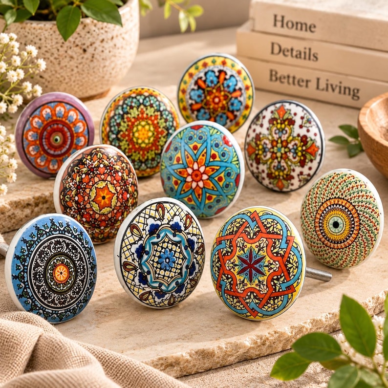 Peut inclure: Une collection de dix boutons de tiroir ronds en c&eacute;ramique pr&eacute;sentant des motifs g&eacute;om&eacute;triques complexes et color&eacute;s de type mandala dans des tons de bleu, orange, jaune, vert et rouge, chacun avec une vis m&eacute;tallique pour l'installation.