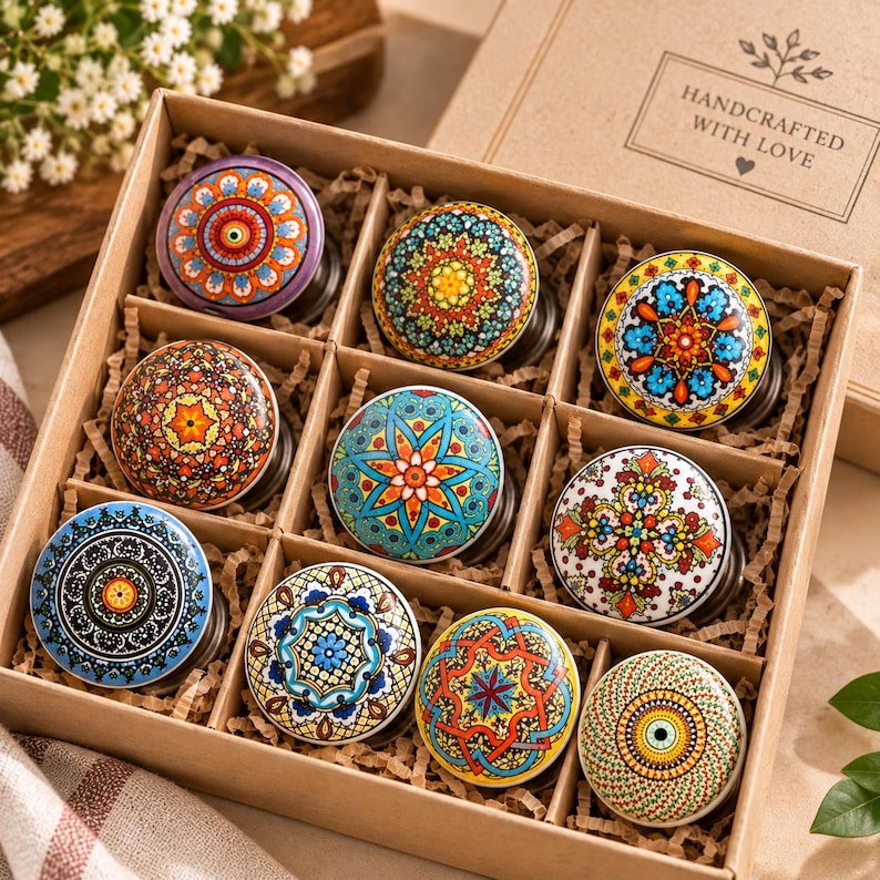 Peut inclure: Un ensemble de neuf boutons de placard ronds en c&eacute;ramique avec des motifs complexes de style mandala dans une bo&icirc;te en carton marqu&eacute;e Handcrafted with Love. Chaque bouton pr&eacute;sente un design g&eacute;om&eacute;trique unique aux couleurs vives, dont le bleu, l'orange, le jaune et le vert.