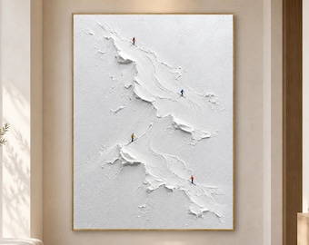 Pintura al óleo minimalista de una pista de esquí, arte mural invernal con textura blanca, lienzo con relieve de esquí, decoración de montaña Wabi Sabi, arte con impasto hecho a mano.