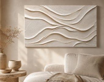Peinture à l'huile texturée crème, toile Wabi Sabi Wave, art mural en relief neutre, décoration minimaliste faite à la main