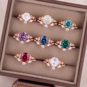 Tanzanite Ring Round Cut Set in Silver Ring Choose Your Stone Floral Bridal Set, Ruby Opal Moonstone Alexandrite Vintage Engagement Ring