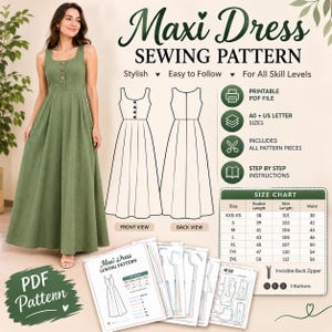 Button Down Maxi Dress Sewing Pattern PDF, Sleeveless Button Front Dress, A0 A4 US Letter, XXS-3XL, Printable Sewing Pattern