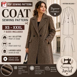 Puede incluir: Un patrón de costura en PDF para un abrigo marrón con estampado de espiga en tallas de la XS a la XXXL. El diseño incluye solapas, dos botones frontales y bolsillos laterales. Incluye archivos para impresión A4, US Letter y A0, y una guía.
