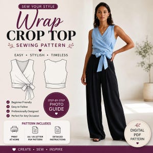 May include: A sewing pattern for a sleeveless wrap crop top with a tie-front waist. The graphic includes text reading SEW YOUR STYLE Wrap CROP TOP SEWING PATTERN, technical line drawings of the front and back, and a photo of the finished blue top.