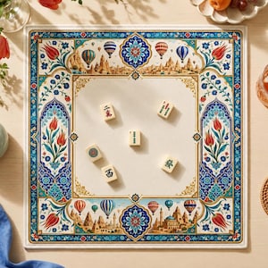 May include: A square game mat featuring a cream-colored center and a decorative border with blue, red, and gold floral patterns, hot air balloons, and architectural silhouettes. Five mahjong tiles are scattered across the surface of the mat.