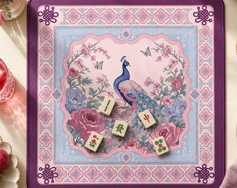 May include: A square mahjong mat featuring a central illustration of a peacock surrounded by pink roses and cherry blossoms on a light pink background, framed by a purple border with decorative patterns and four mahjong tiles placed on top.