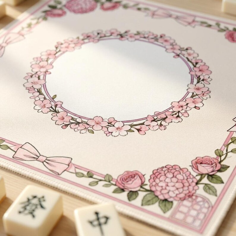 Red Roses Boder Coquette Blossom Bow Mahjong Mat, Pink Rose Garden Party Neoprene Table ...