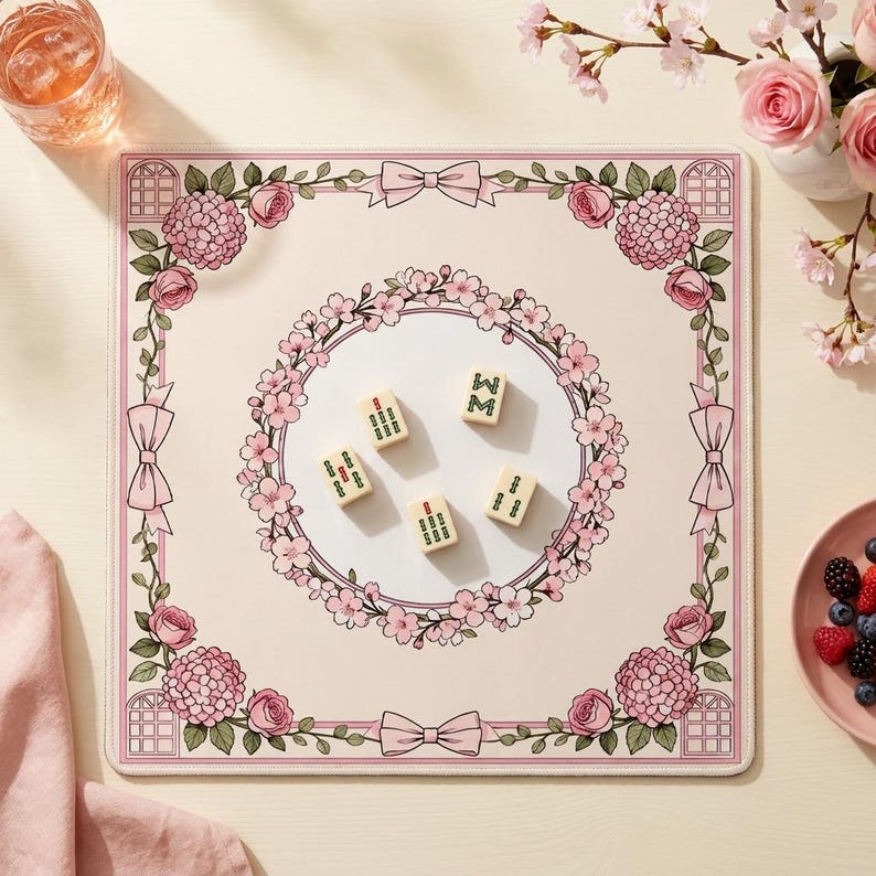 Red Roses Boder Coquette Blossom Bow Mahjong Mat, Pink Rose Garden Party Neoprene Table ...